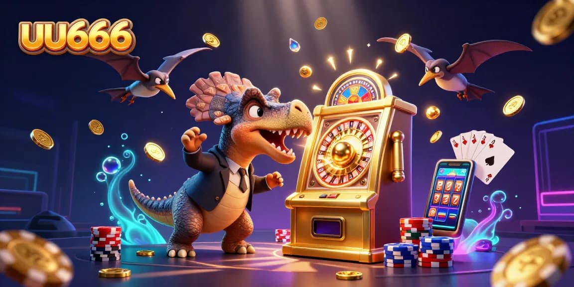 uu666 dinosaur jackpot scene with golden slot machine and cascading coins in a vibrant casino