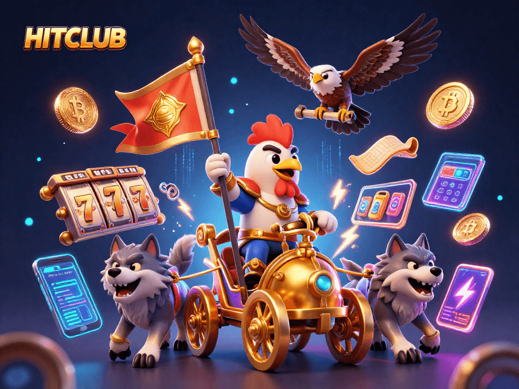 Engage at HITCLUB with this vibrant 3D illustration showcasing casino excitement and fortune.