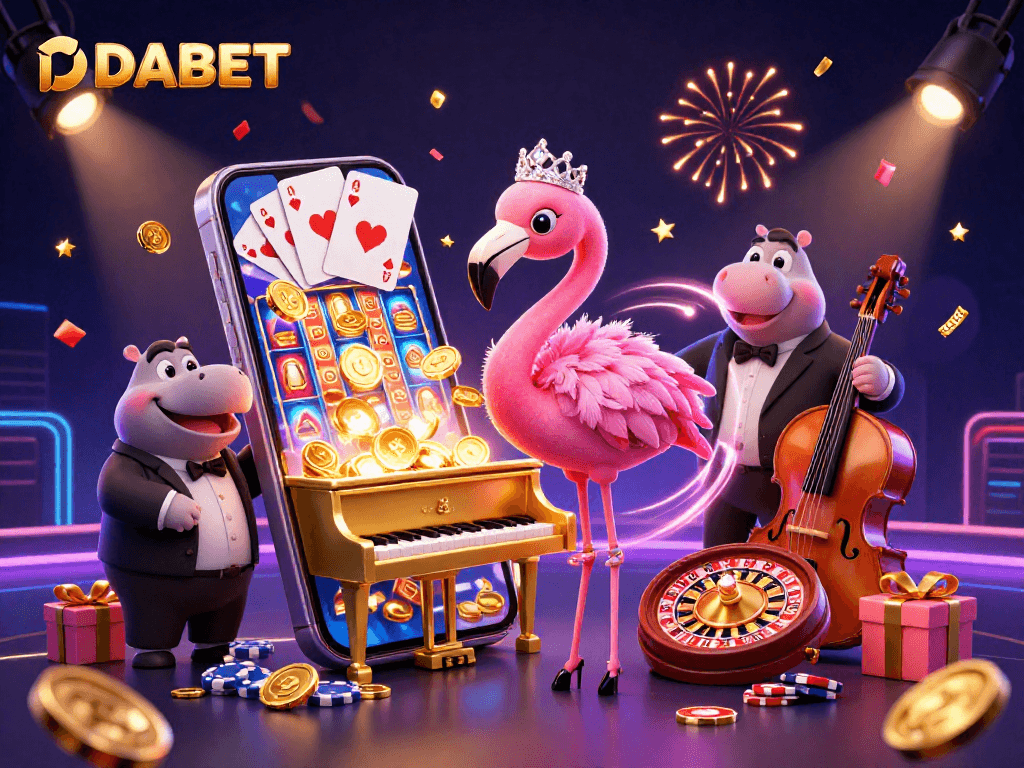Experience DABET’s vibrant 3D casino scene with a flamingo singer, hippo bassist, and dynamic gaming elements.