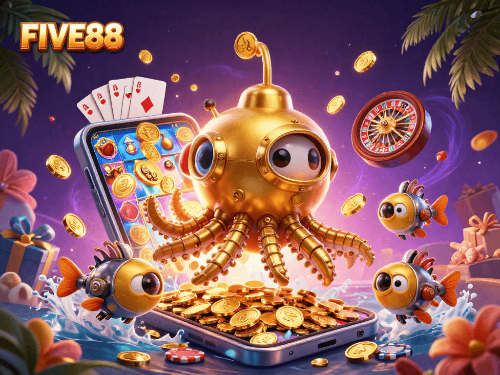 Experience FIVE88's casino thrills with a whimsical kraken submarine amidst golden coins and vibrant slot games.