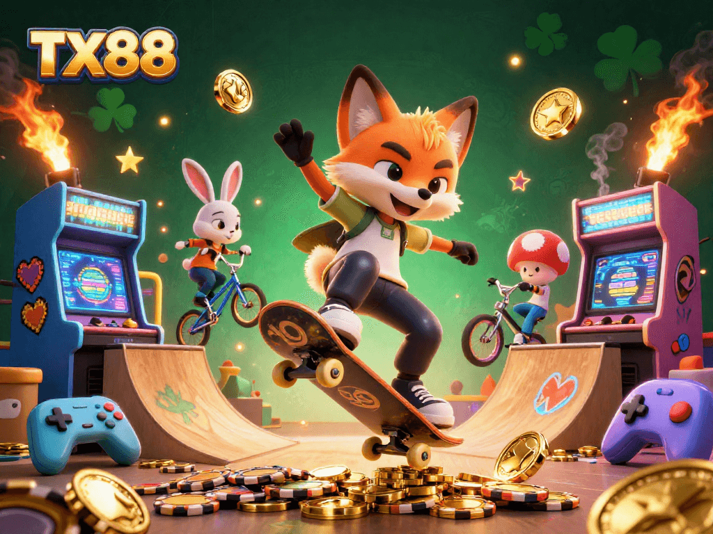 Engage with TX88 gaming action featuring a fox and rabbit in a vibrant, casino-themed 3D scene.