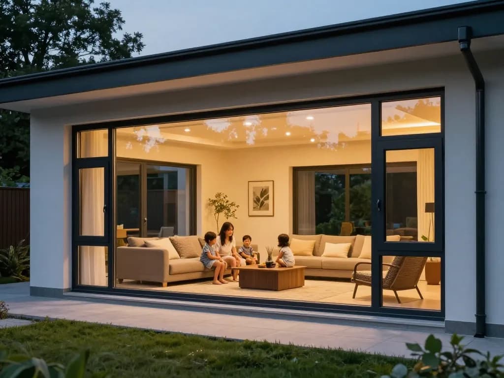 Gemütliches Familienheim mit energieeffizienten fenster schüco in der Dämmerung, das modernes Design und Wärme zeigt.