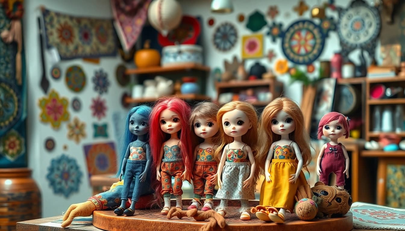 Gestaltung von einzigartigen Gutdolls in einem kreativen Atelier mit bunten Textilien.