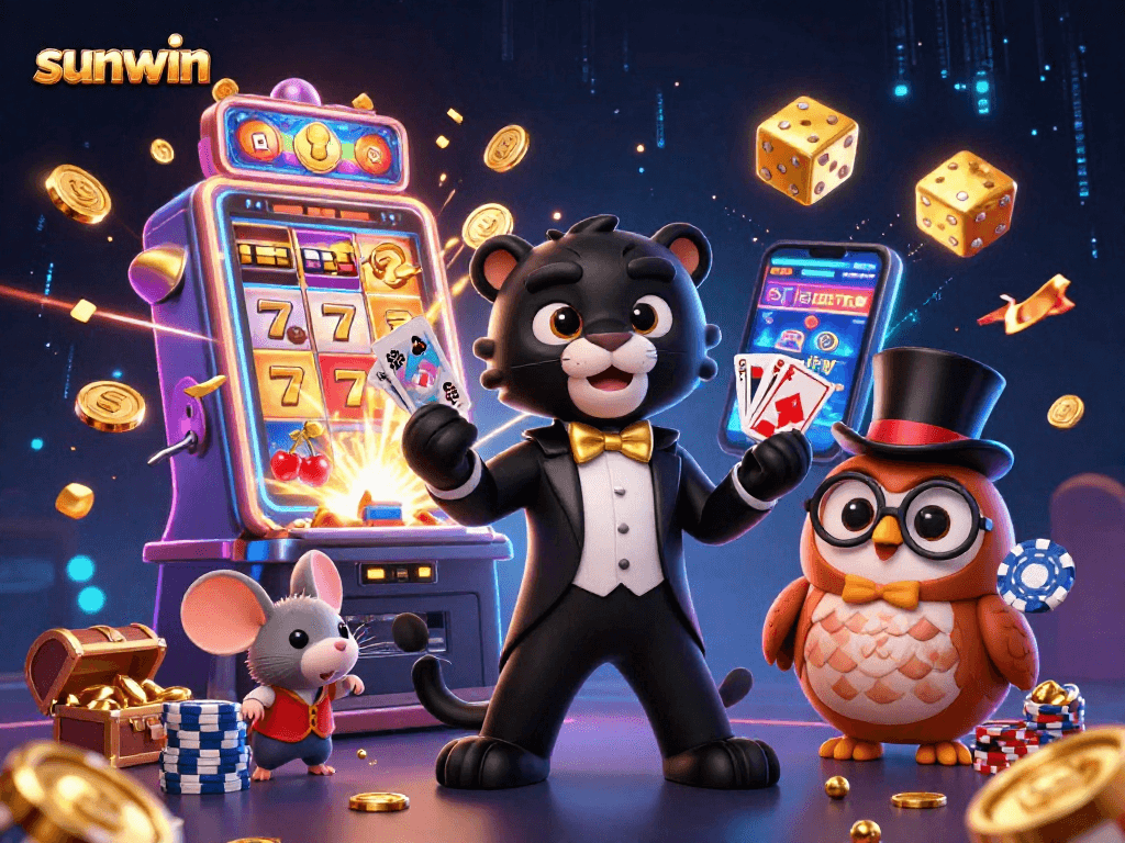 Experience the thrill of sunwin gaming as the elegant panther deals cards amidst a lively casino scene.