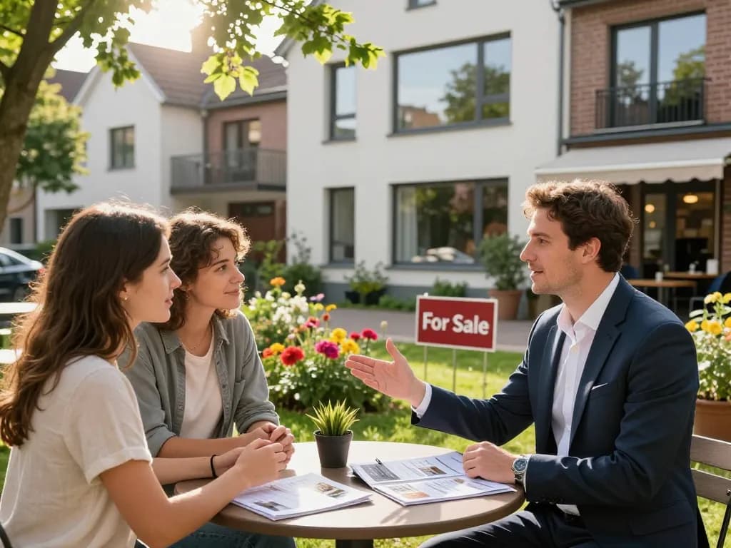 Fesselnde Interaktion mit Immobilienmakler Frankfurt Eckenheim, der potenziellen Käufern eine Immobilie präsentiert.
