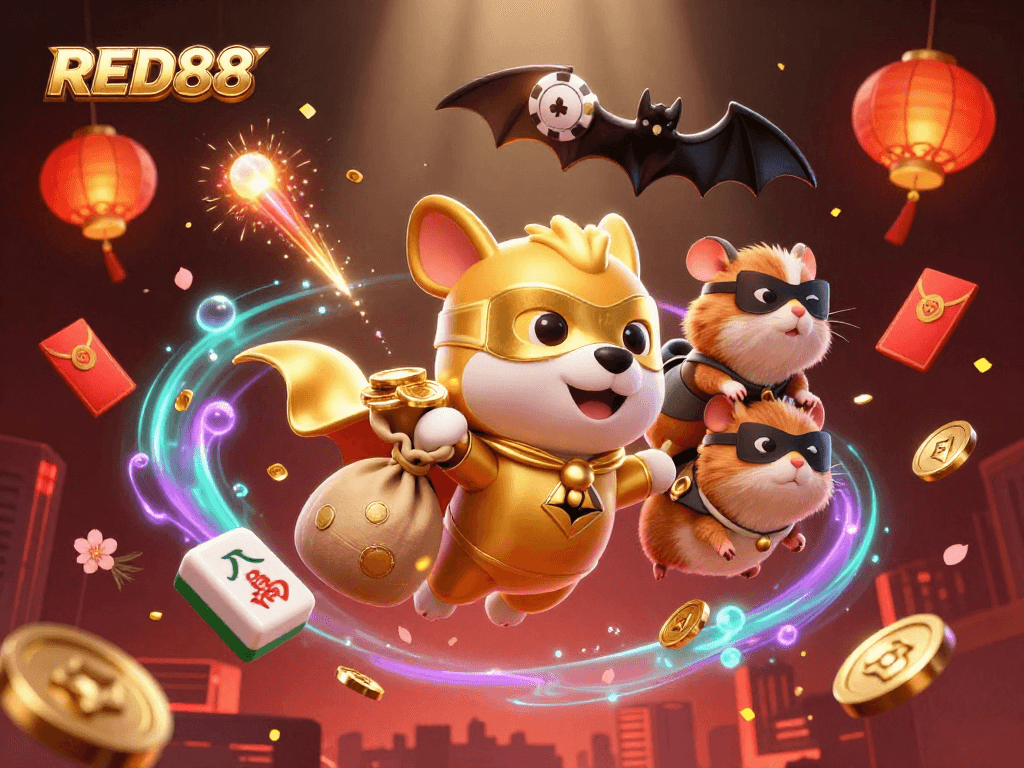 Engage in winning strategies at RED88 with a superhero dog amid dazzling casino elements.