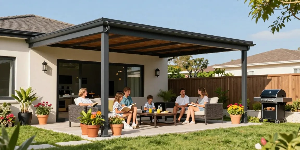 Freistehende Terrassenüberdachung mit Familie, die im Garten entspannt.