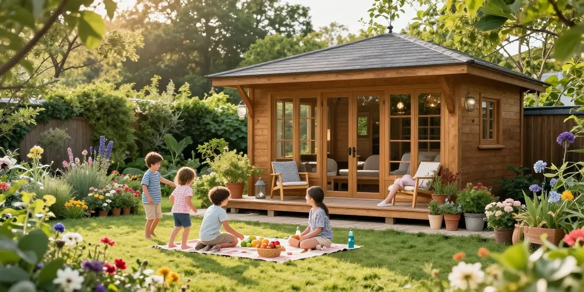 Wunderschönes Gartenhaus im Garten mit Blumenbeeten und spielenden Kindern, einladende Atmosphäre.