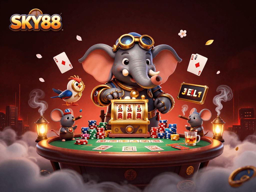 Spin to win at SKY88's vibrant casino, featuring a magical steampunk theme and poker elements.