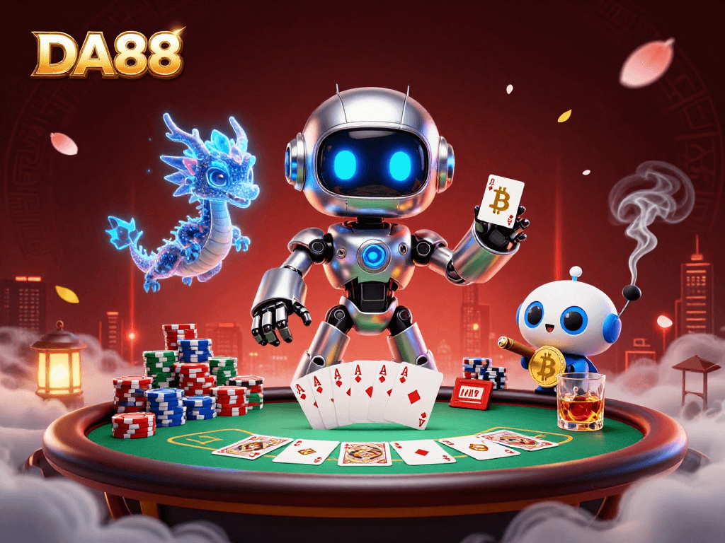 Engage with DA88 while enjoying a vibrant poker scene featuring a cyberpunk robot and AI companions.