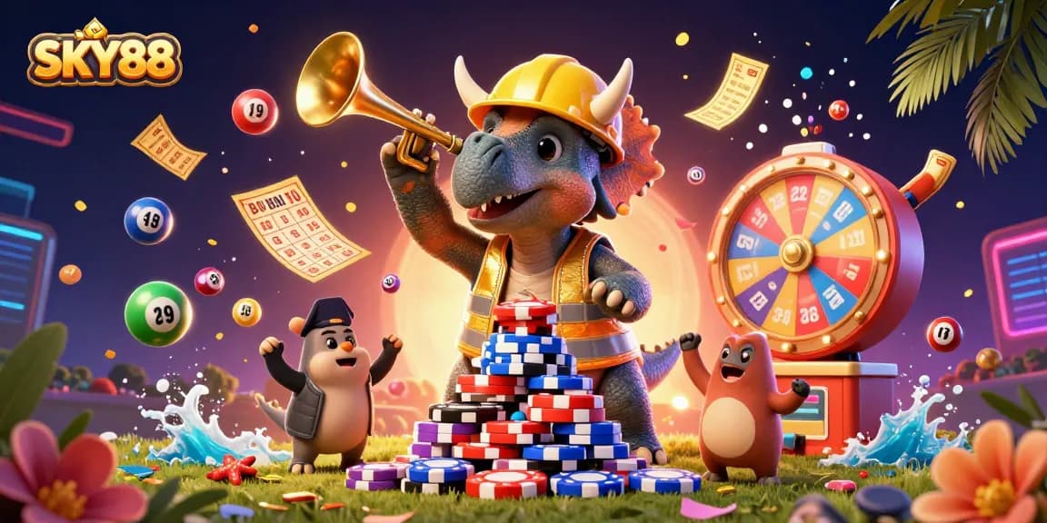 SKY88 celebrates gamers as a triceratops builds poker chip pyramid amidst lottery excitement