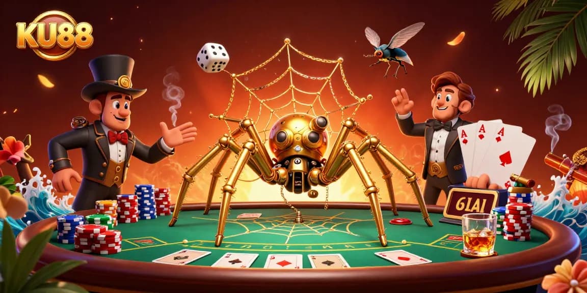 Experience the thrill of KU88 with this vibrant 3D casino illustration featuring poker and luck.