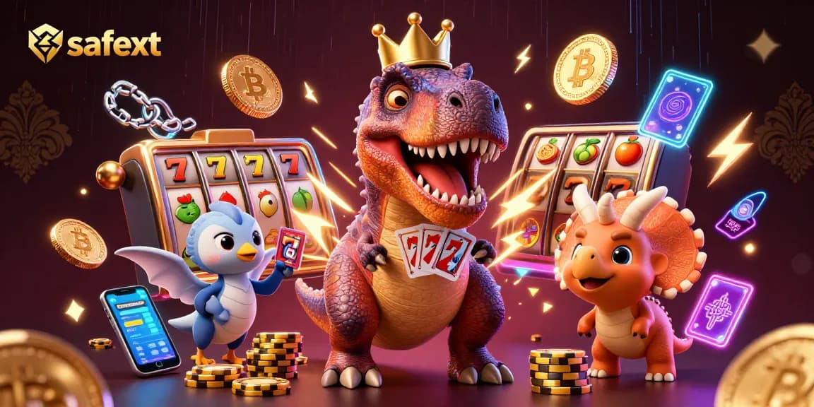 Engage with safetxt strategies as T-Rex and friends play slots with vibrant gaming elements.