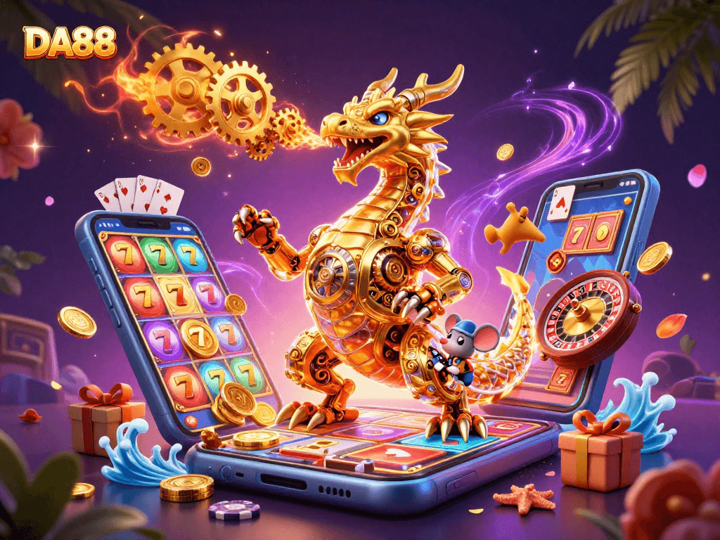 Experience thrilling casino action with DA88 in this vibrant 3D illustration featuring slot games and more.