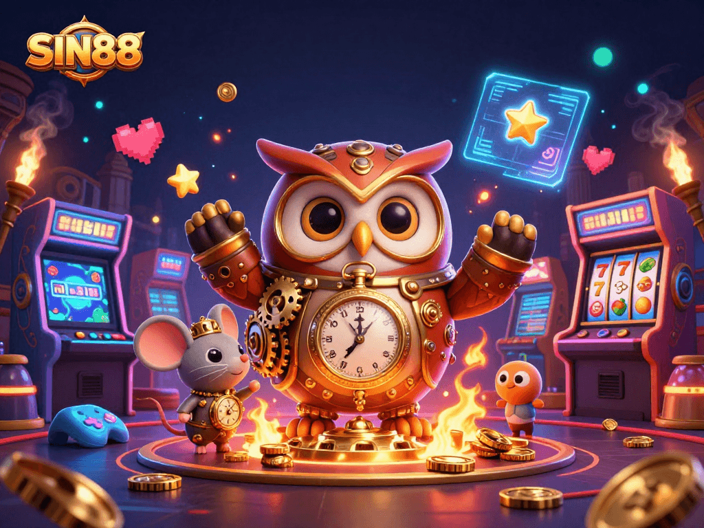 SIN88 showcases an immersive steampunk casino scene with a time-traveler owl and dynamic game elements.