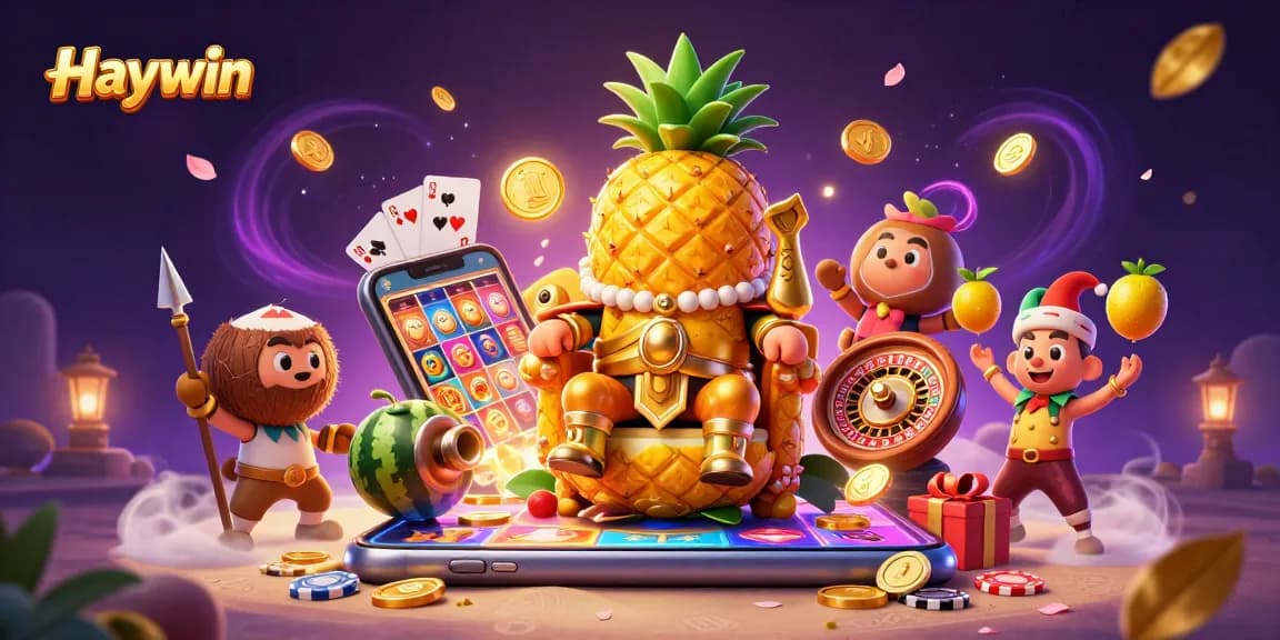 Experience thrilling gameplay at Haywin with a golden pineapple king and vibrant casino elements.