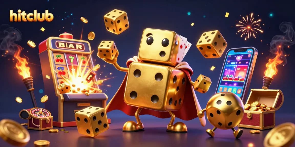 Hitclub showcases a lively 3D scene with dynamic golden dice, slot machine wins, and casino-themed excitement.