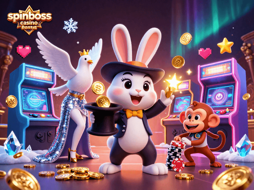 Découvrez le bonus SpinBoss casino en France, une illustration dynamique de personnages casino animés avec des éléments de jeu attrayants.