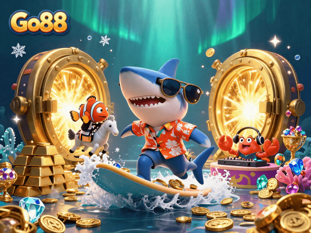 Join the fun at Go88 with a vibrant scene of gaming characters and gold elements.