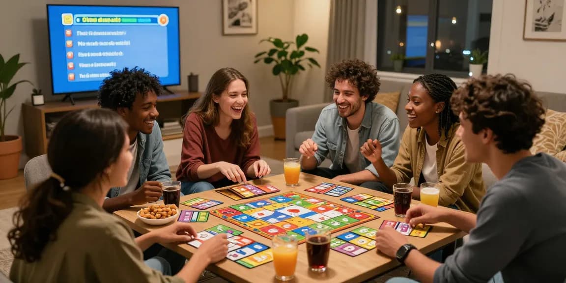 Freunde spielen Quiz Allgemeinwissen in gemütlichem Wohnzimmer mit Snacks und Fragen.