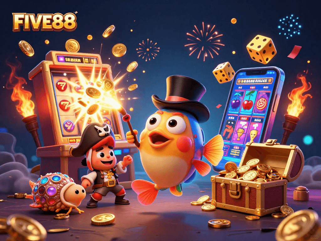Experience the excitement of FIVE88 with our lively casino illustration featuring anglerfish and treasure.