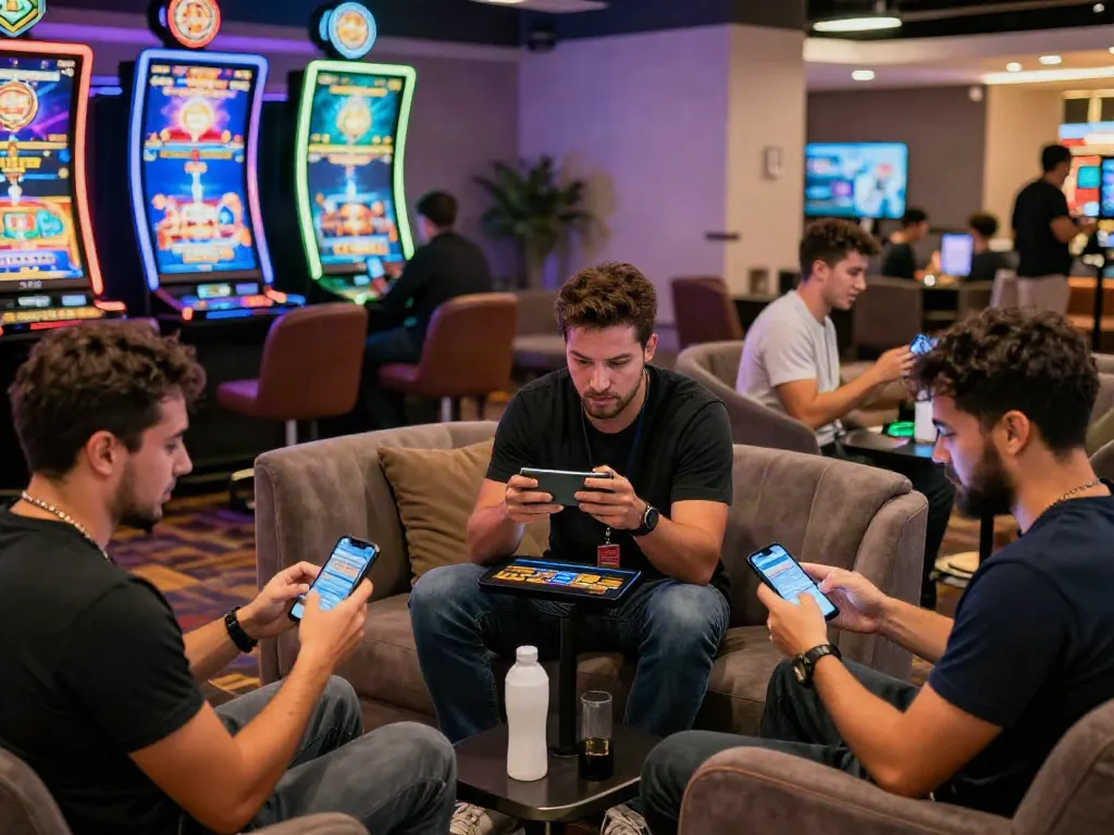 Spieler beim Mobile-Casino-Test 2026 mit aufregenden Spielen und lebhaften Gesprächen in modernem Ambiente.