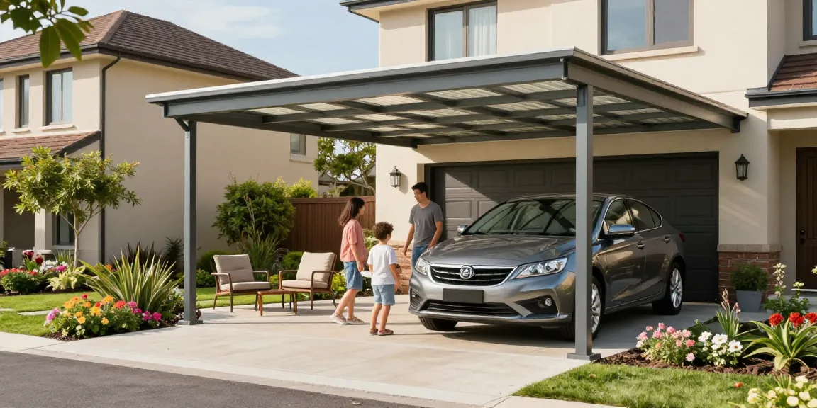 Moderne Carport-Installation, Familie parkt ihr Auto im Schatten und genießt die Gartenlandschaft.