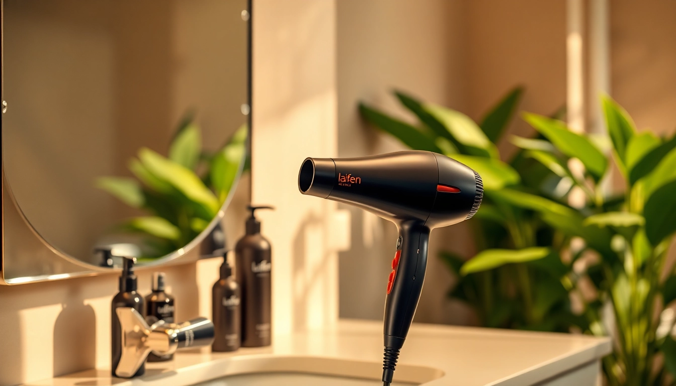 laifen swift Haartrockner auf einem stilvollen Badetisch mit modernen Styling-Produkten