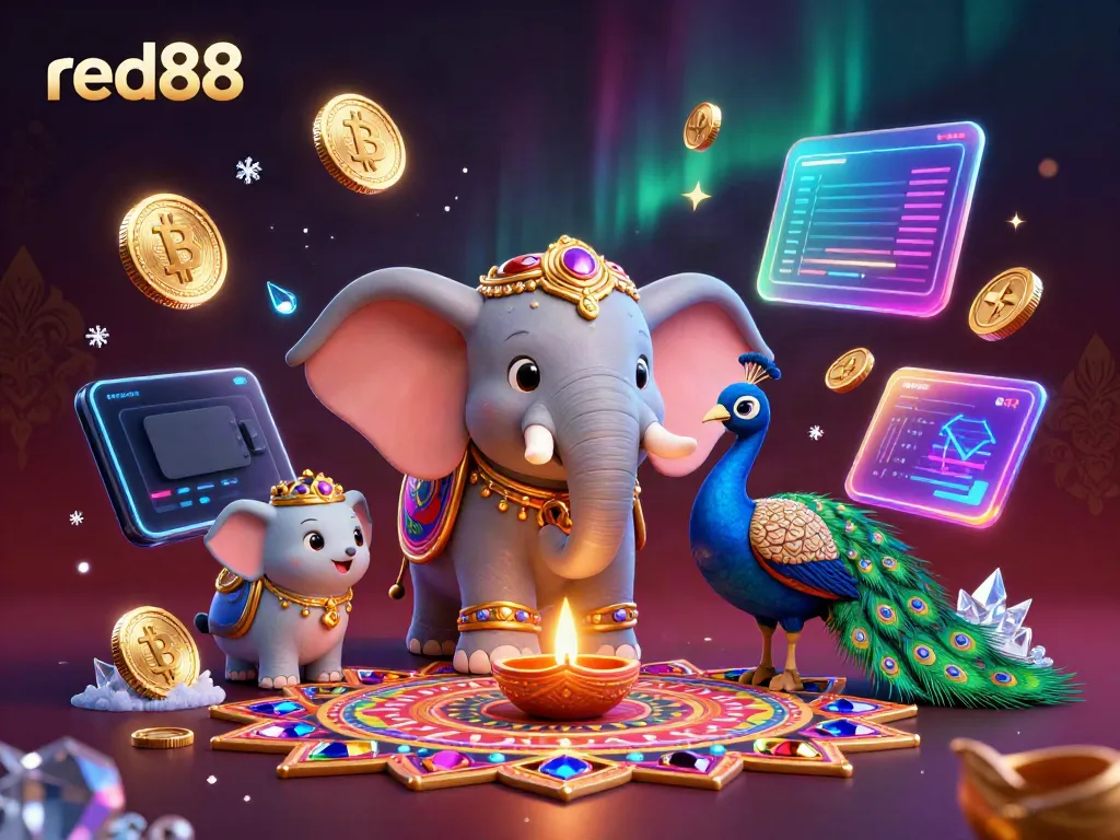 Experience the vibrant world of red88 with colorful casino themes, glowing coins, and festive characters.