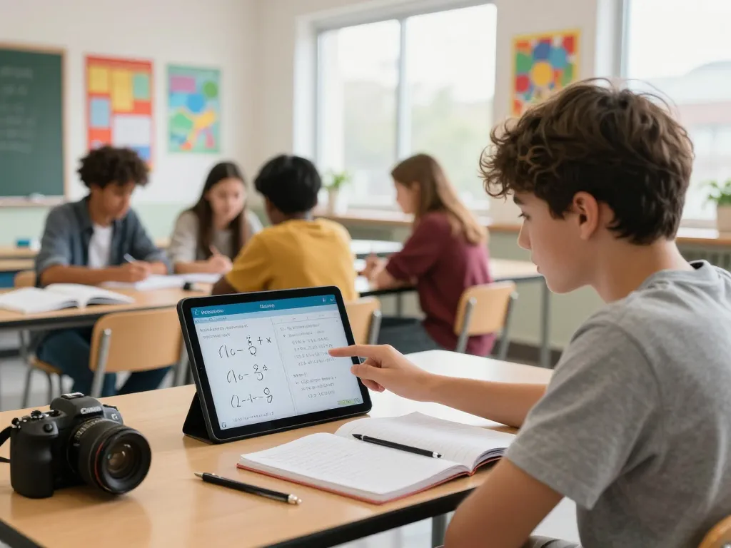 Student verwendet die Hausaufgaben Löser App im modernen Klassenzimmer für Hausauflösung