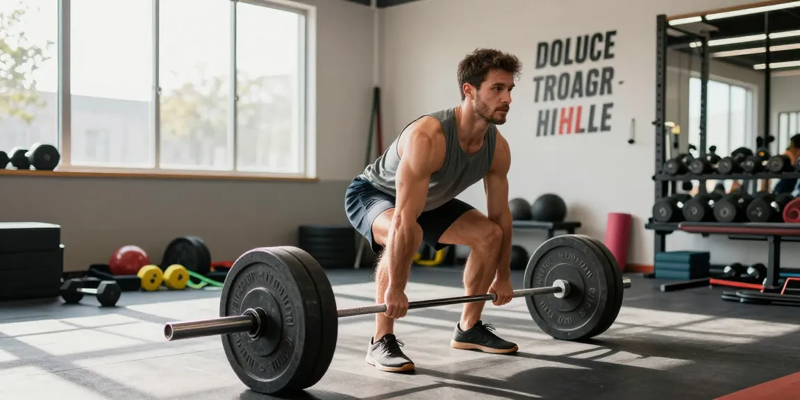 Deus Shop - Athlet beim Gewichtheben im Fitnessstudio, starke Leistung.