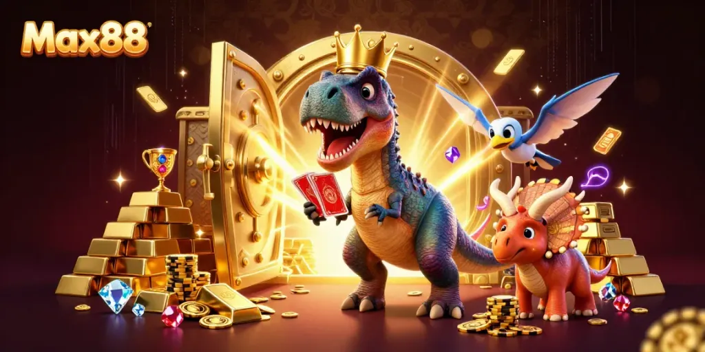 Engaging Max88 scene with cartoon dinosaurs playing cards and stacking chips in a casino