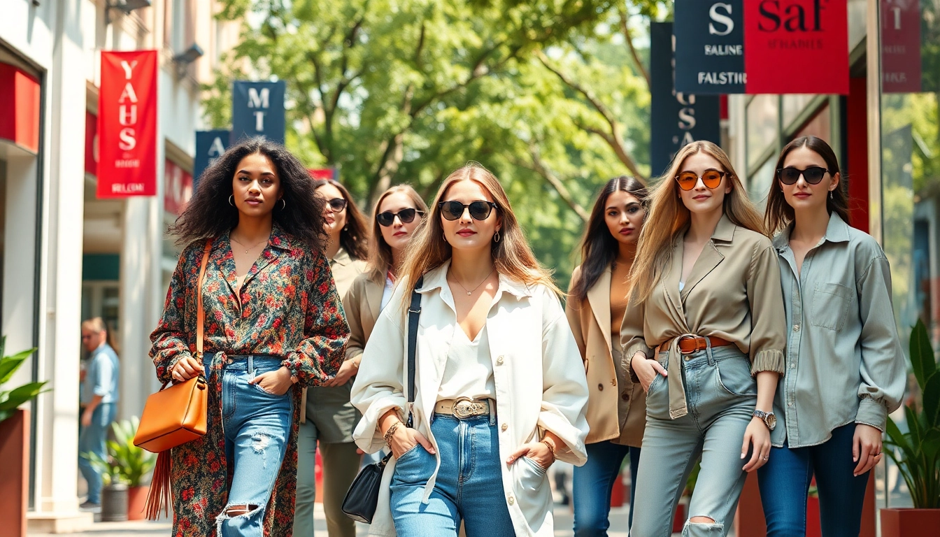 Gekonnte Mode & Lifestyle Onlineshops Darstellung mit bunten Modellen in urbaner Umgebung.