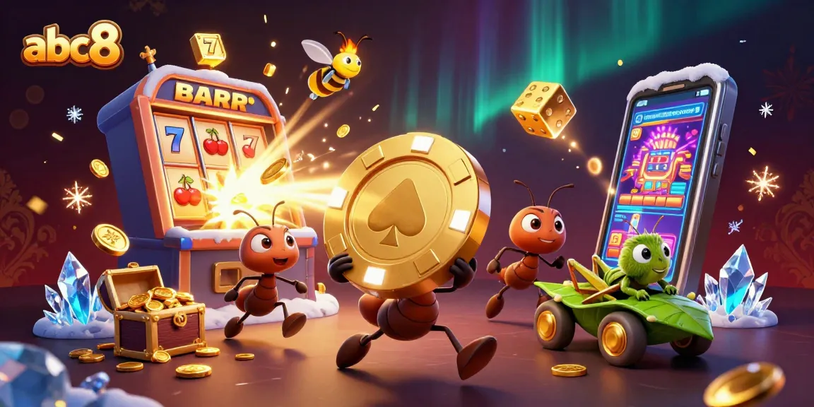 abc8 ants steal a giant poker chip while dodging casino symbols in a vibrant, dynamic scene.