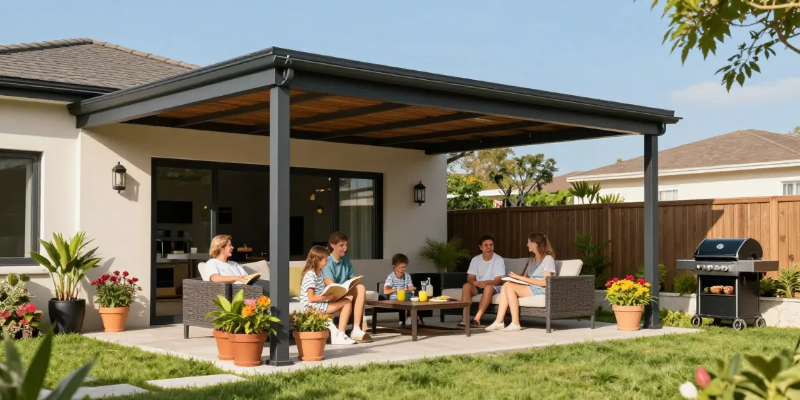 Freistehende Terrassenüberdachung mit Familie, die im Garten entspannt.
