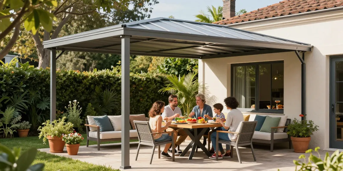 Moderne Terrassenüberdachung in einem einladenden Garten, die eine Familie bei einem gemeinsamen Essen unter der Sonne zeigt.