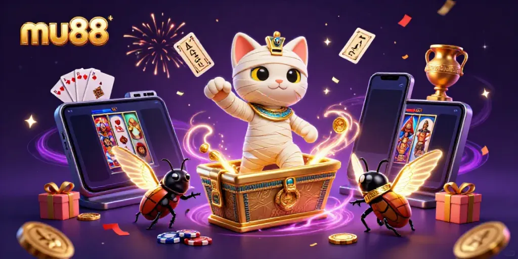 Experience thrilling gameplay with mu88 as the Egyptian mummy cat emerges from a golden sarcophagus amid vibrant casino action.