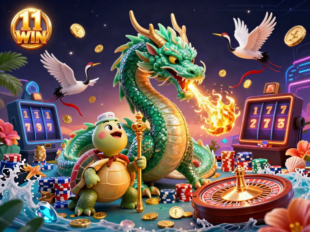 Witness the enchanting 11 WIN scene with a majestic jade dragon and fortune symbols at play in an exciting casino atmosphere