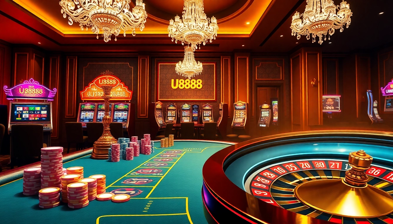 Experience the thrill of U8888 with dynamic casino scenes featuring poker chips, blackjack tables, and slot machines.