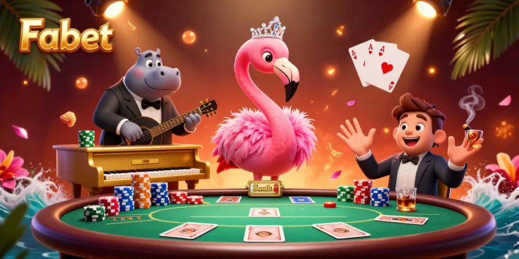 Experience the vibrant gaming atmosphere at Fabet with a lively flamingo singer and hippo bassist, surrounded by poker elements.