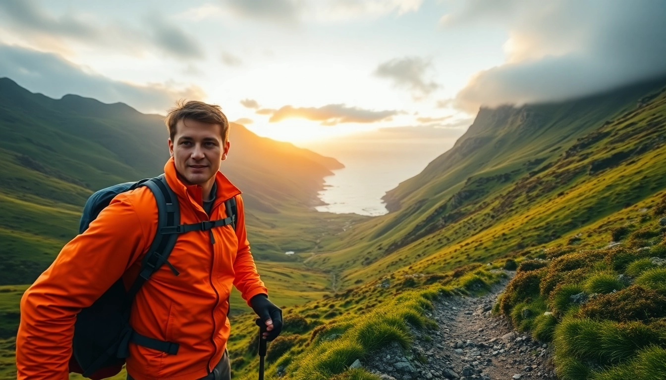 Wanderer auf dem Beara Way Irland, umgeben von atemberaubender Natur und Sonnenuntergang.