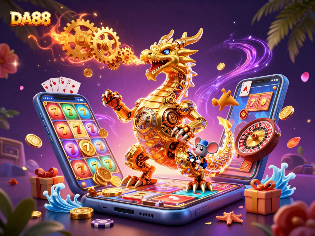 Experience thrilling casino action with DA88 in this vibrant 3D illustration featuring slot games and more.
