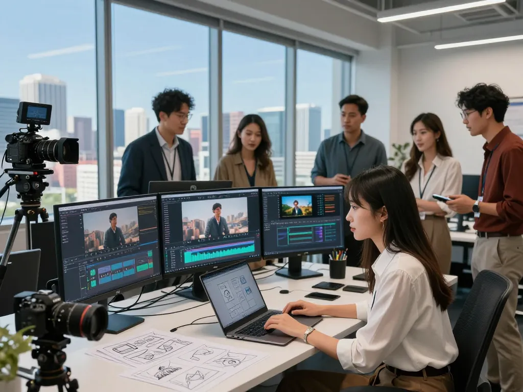 Kling AI 2.10 interface showcased in a collaborative video production setting with a diverse team working on innovative content creation.