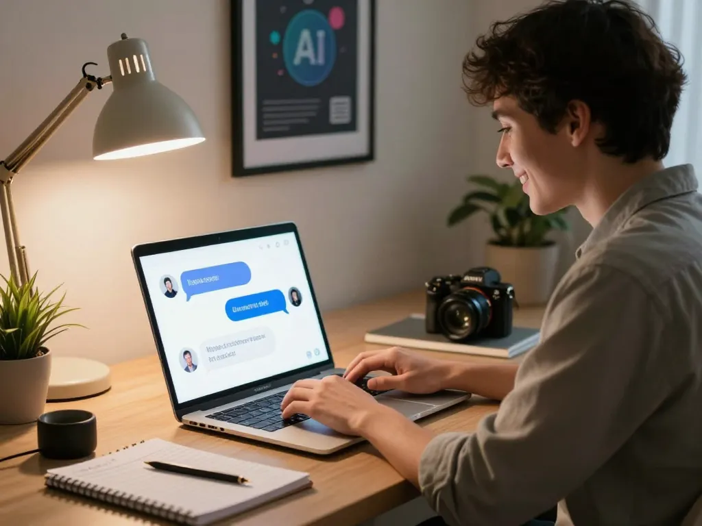 Friendly user engaging in a sex AI chat on a laptop, showcasing modern technology and cozy home office.