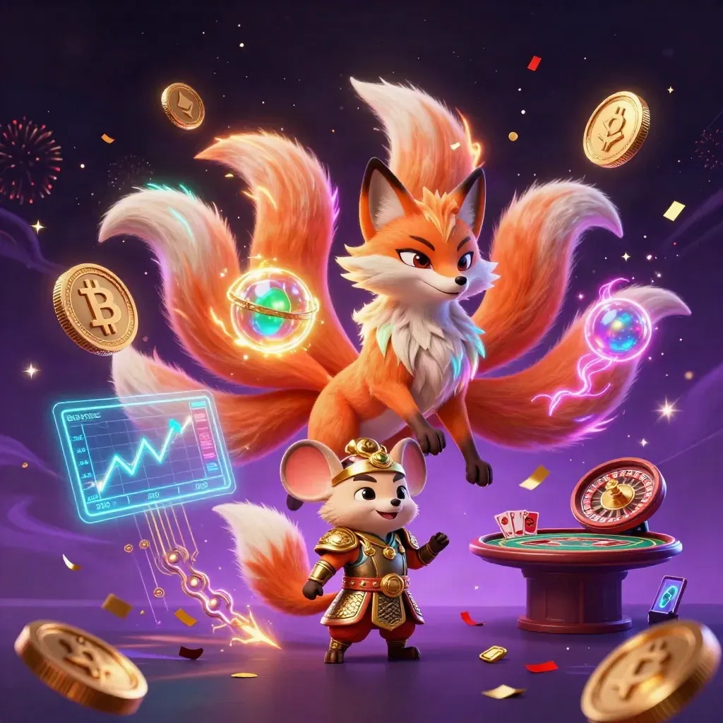 Neon-Fuchsgeist und Samurai-Maus mit Goldmünzen, Roulette, Karten und magischem Casino-Glanz