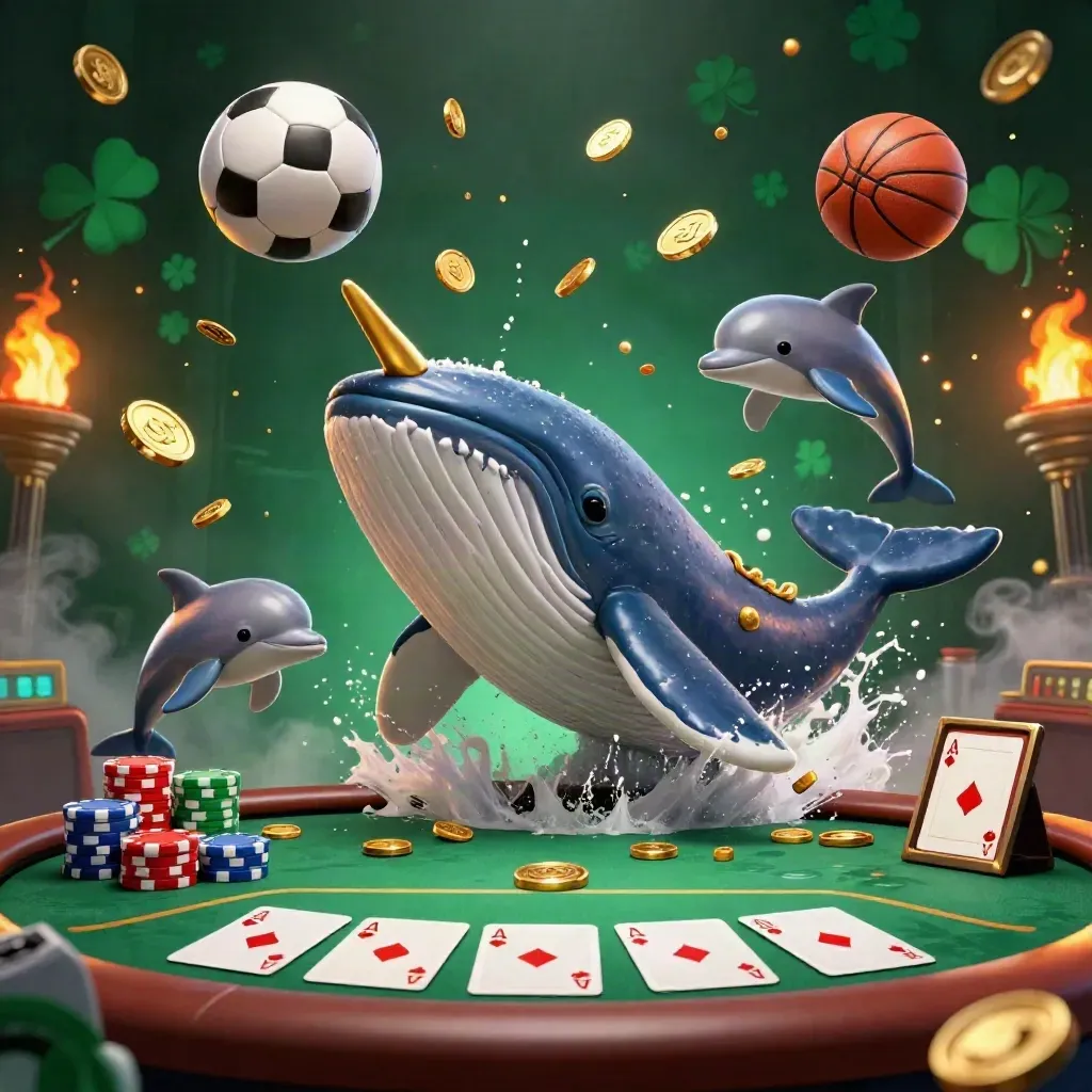 Wale, Delfin und Casino-Chips im Flutlicht mit Ball und Münzen.