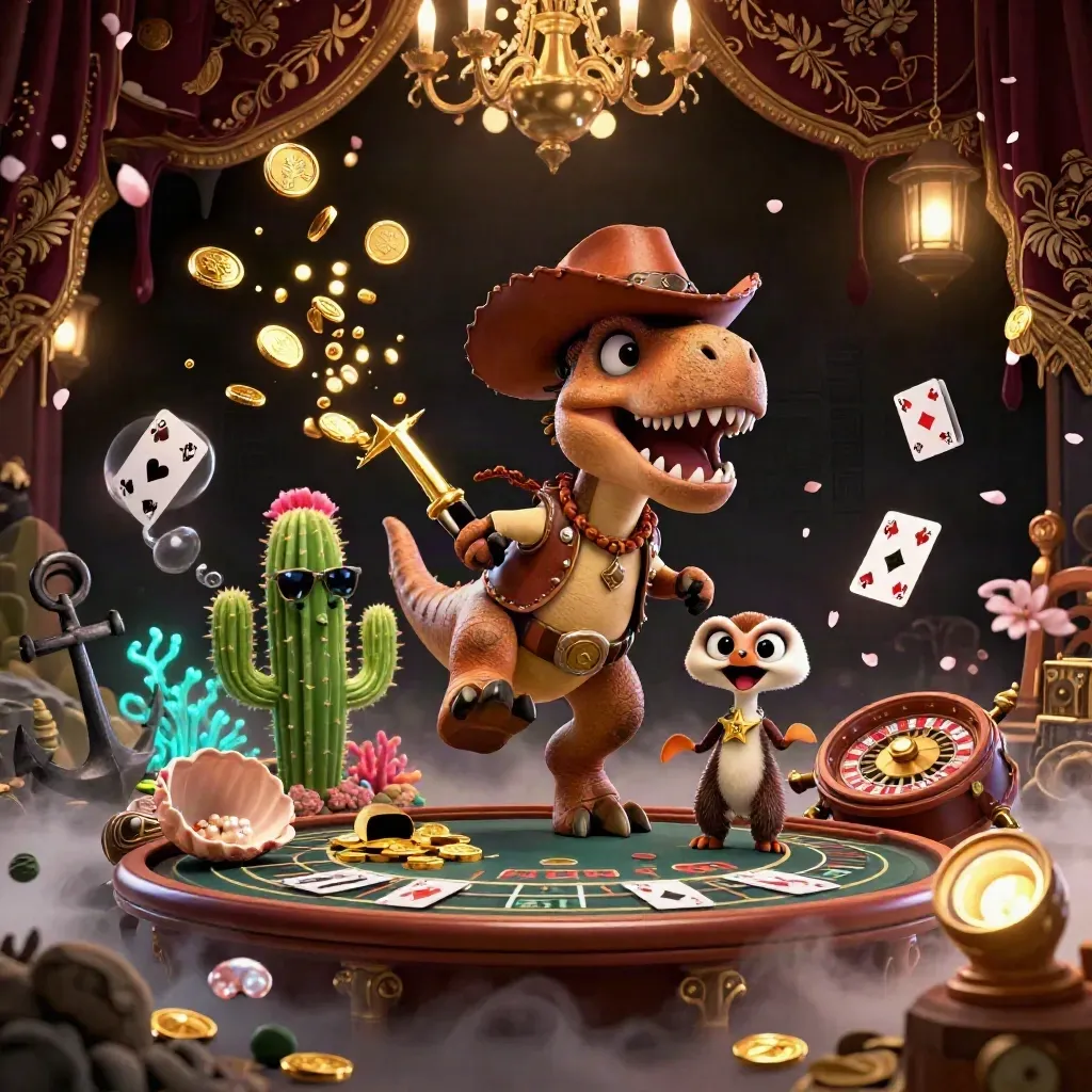 Cowboy-T-Rex, Kaktusfreund und Sheriff-Roadrunner über Gold, Korallen und Spieltisch