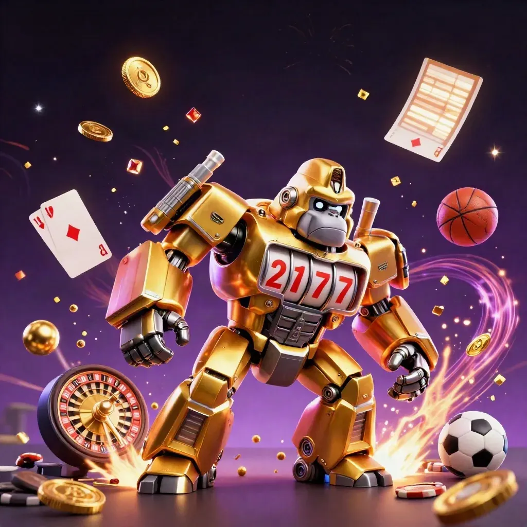 Goldener Gorilla-Mech mit Slot-Reels, Münzen, Karten und Sportbällen im Neon-Glimmer.