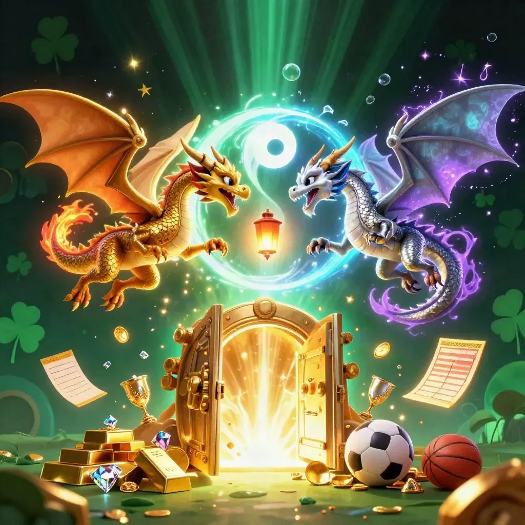 Goldene und silberne Drachen wirbeln über Schätzen, Licht und Sportelementen im Casino-Look.