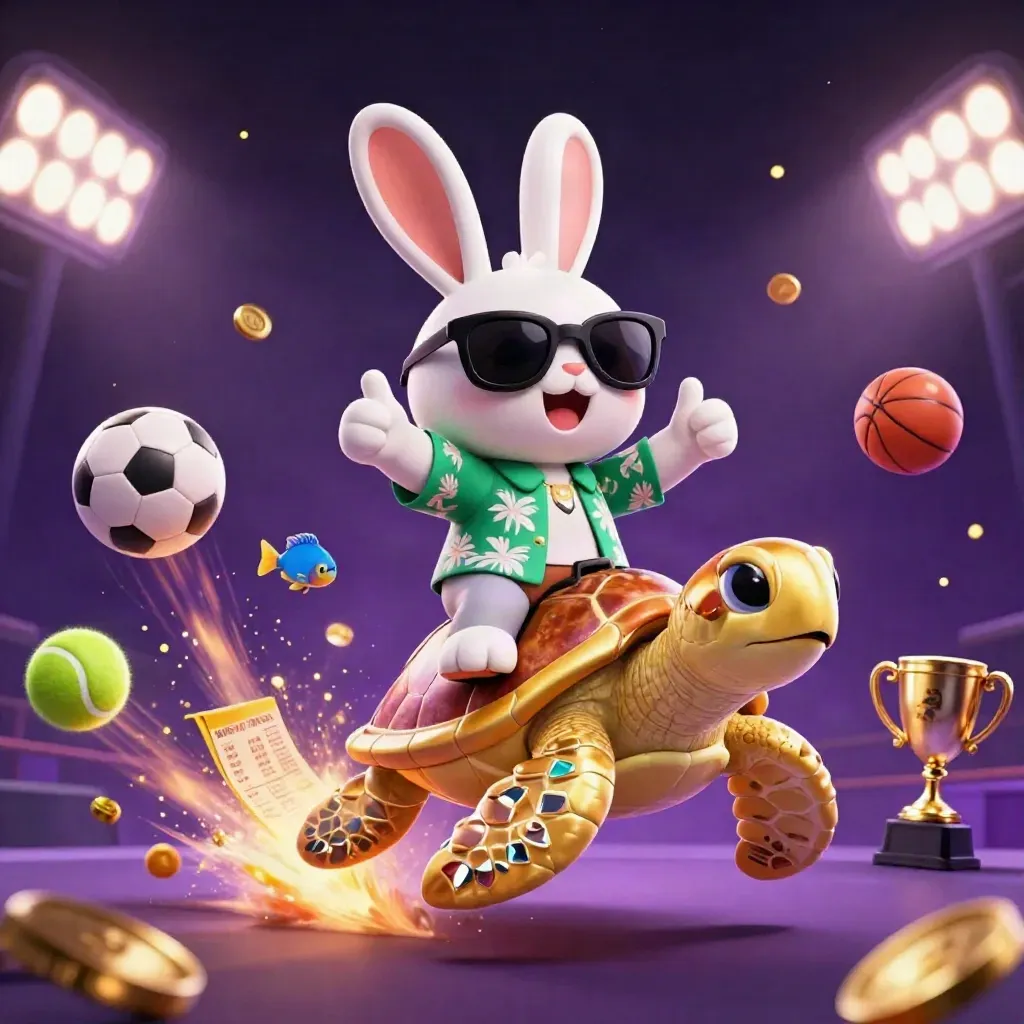 Hase auf goldener Schildkröte, umgeben von Sportbällen, Münzen und Lichtstrahlen.